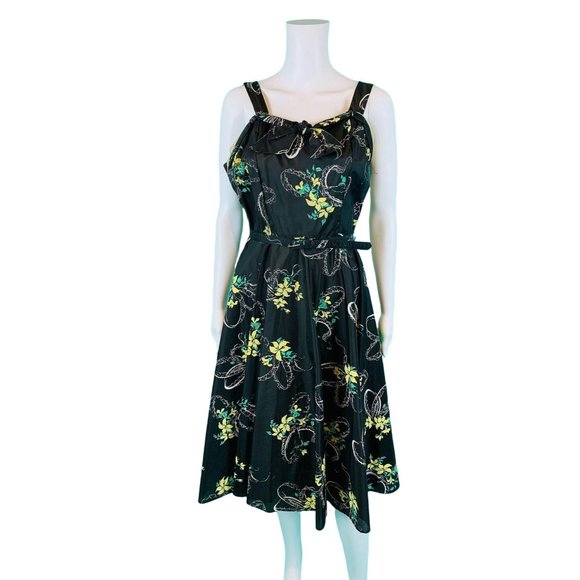 Vintage 1950s Party Dress Black Yellow Floral Print Belted Taffeta